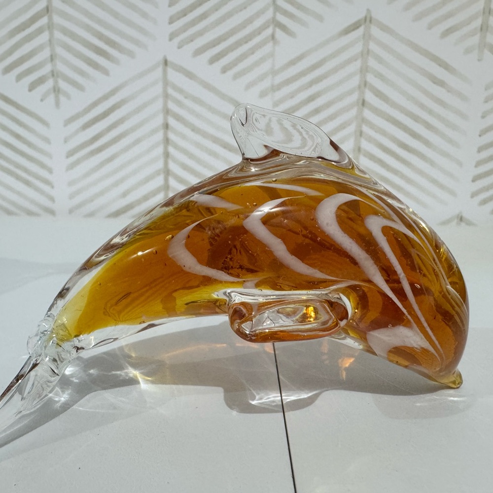 Art Glass Hand Blown Jumping Dolphin Amber with White‎ Swirl